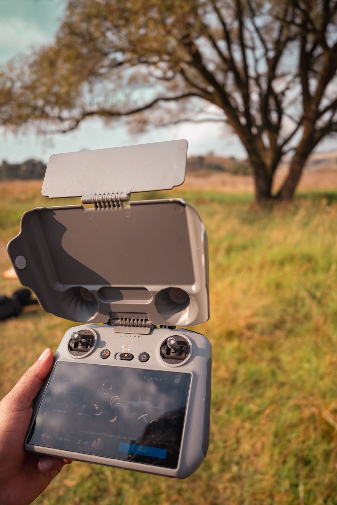 Control del dron en mano con el árbol y el paisaje de fondo