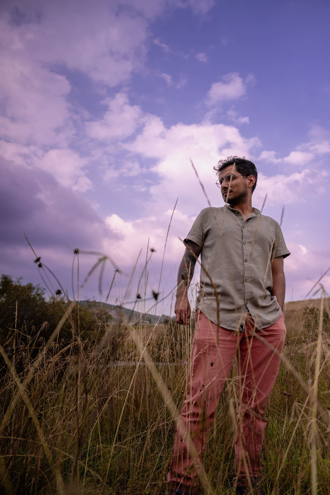 Retrato en pastizal bajo cielo violeta al atardecer